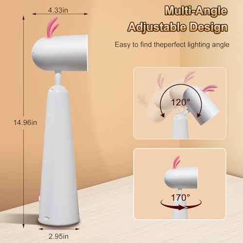 Rabbit Shape Cute Desk Lamp, Dimmable LED Desk Lamp with USB Charging Port Touch Control Eye Protection & Long Battery Life, Dorm Room Essentials Study Lamp for Table Bedroom Kid Gifts.