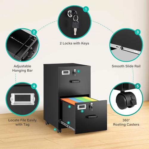 SISESOL Black 2-Drawer Mobile File Cabinet with Lock, Under Desk Office Storage