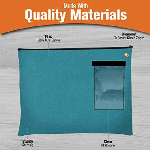 BankSupplies Canvas Interoffice Mailer, 14 oz. - 14W x 11H - Teal - Transit Bag - Large Zipper Bag with Grommet - Use with Padlock or Zip Tie for Security - Interoffice Mail Bag