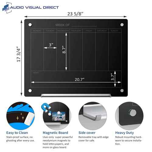Audio-Visual Direct Magnetic Black 7 Day Calendar Glass Dry-Erase Board Set - 2' x 1.5' - for Wall - Weekly Planner