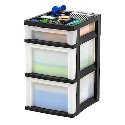 IRIS USA Plastic Drawer Storage Organizer Rolling Cart, 3-Drawers, for Classroom Art Craft Supplies Dresser Closet Bathroom Laundry Room, Black/Pearl