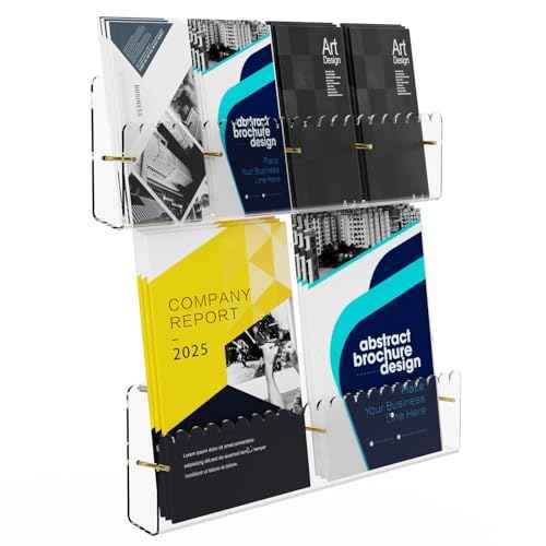 Brochure Holder Wall Mount, 2 Pack Acrylic Modular Flyer with Adjustable Magnetic Golden Bolt, Wavy Lace Pamphlet Display Stand for Organizer Trifold Flyer, Document, Leaflet, 4 Slots
