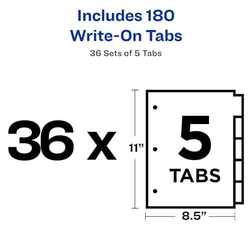 Avery Binder Tabs Divider ? Bulk 5?Tab Write?On Design, Tear?Resistant Reinforced Holes, Fits Standard 3?Ring Binder, White Recycled Index Paper, 36 Sets ? Ideal for Students & Offices
