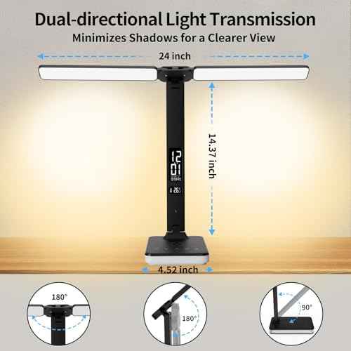LED Desk Lamp with Charger, USB Charging Port, Dual Swing Arm Desk Light with 5 Brightness, 3 Colors, Table Lamp with Clock, Alarm, Date, Temperature, Desk Lamp for Home Office Study (Black)