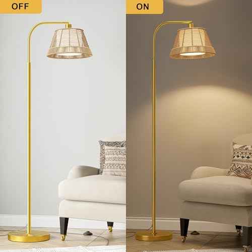 Oneach Arc Floor Lamp for Living Room,Rattan Boho Floor Lamp with Hand-Woven Wicker Shade, Gold Metal Base & Pole,Foot Switch,Farmhouse Standing Lamps for Bedroom Corner,Reading
