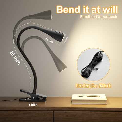 Book Light for Reading in Bed, Eye-Caring LED Reading Light, 360¡Æ Flexible Clip on headboard lamp, 5W 3000k Desk Lamp with Clamp for Bedroom, Office, Painting, Workbench and Sewing, Black