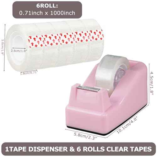 Desktop Tape Dispenser Pink with Weighted Nonskid Base - Includes 6 Rolls of Transparent Tape (0.71 Inch x 1000 inches Each)