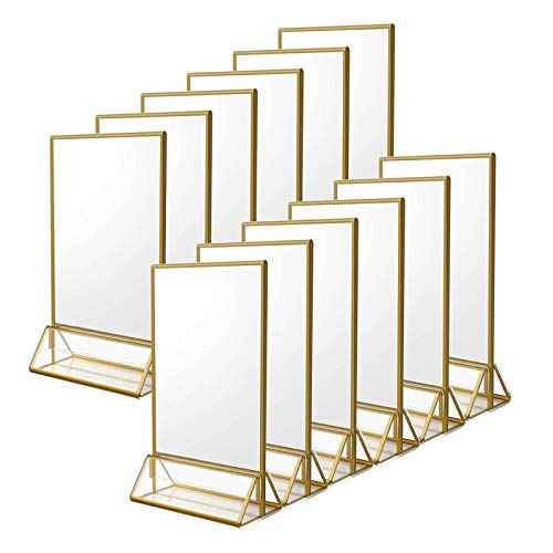 NIUBEE 12Pack 5 x 7 Clear Acrylic Wedding Table Number Holder Stands with Gold Borders, Double Sided Gold Picture Frames Sign Holder for Restaurant Table Menu Recipe Cards Photo Display
