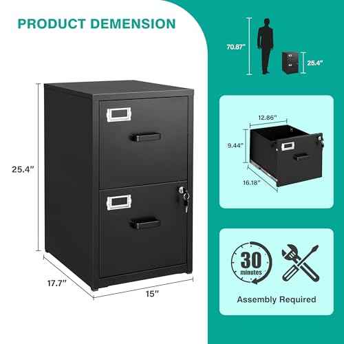 SISESOL 2 Drawer File Cabinet with Lock,Narrow Vertical Filing Cabinet,Under Desk File Cabinets,Black Metal File Cabinets for Home Office,Fit Letter/A4/Legal Size File,Easy Assembly