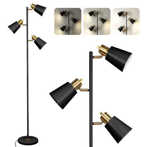 Tree Floor Lamp for Living Room, Industrial 3-Light Standing Lamp with 3 LED Bulbs, Adjustable Rotation Heads, Standing Tall Pole Lamp Farmhouse Rustic Reading Lamps for Bedroom Office (Black Gold)