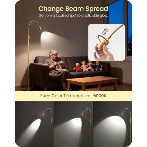 Reading Floor Lamp, 74.2" Tall LED Lamp with, 360¡Æ Flexible Gooseneck & Touch Control, 5000K Cool White LED, Sturdy Base, Crafts Standing Lamp, for Reading, Living Room, Matte Gold D16LD05
