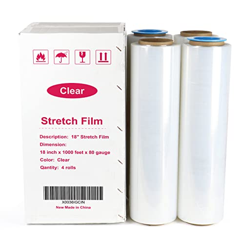BOMEI PACK Clear Stretch Wrap Roll with Handles - 18" x 1000 Feet, Heavy Duty, 4 Pack, Transparent