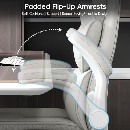 Vonesse White Office Chair with Flip-Up Armrests, Dual-Layer Backrest & PU Leather