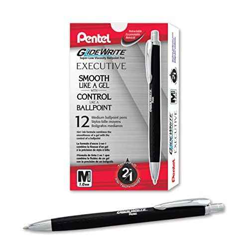 Pentel Glidewrite Executive Ballpoint Pen, (1.0mm) Medium Line, Black Metal Barrel, Black Ink, Box of 12 (BX970A-A)