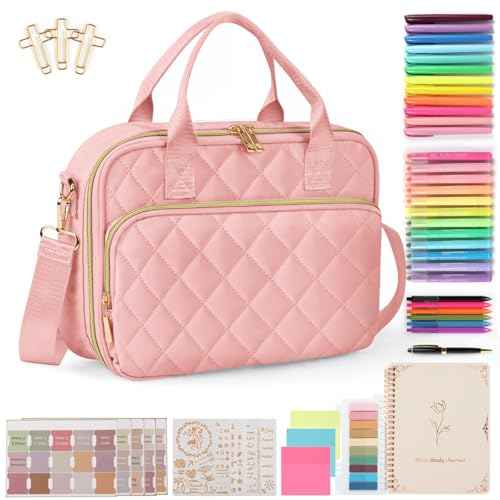 Bible Journaling Kit ? Quilted Bible Cover Case for Women, 31 Highlighters, 75 Tabs, Bible Study Supplies & Christian Gift for Women and Teens (Shoulder Strap, Blush Pink)