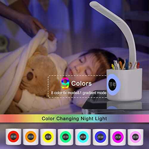 YOUKOYI LED Desk Lamp with Clock, Kids Desk Lamp, 10W Dimmable Study Lamp with Pen Holder, 4 Lighting Modes&5 Brightness Level with Color Changing Nightlight, Desk Lamps for Home Office, Gift for Kids