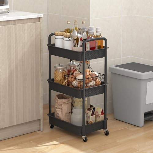 MOYIPIN 3-Tier Rolling Utility Cart with Handle, Black, 31.1" High, 15.35"D x 11.41"W, 360° Casters