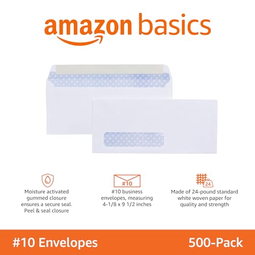 Amazon Basics #10 Security Tinted Self-Seal Business Envelopes with Left Window, Peel & Seal, White, 500-Pack