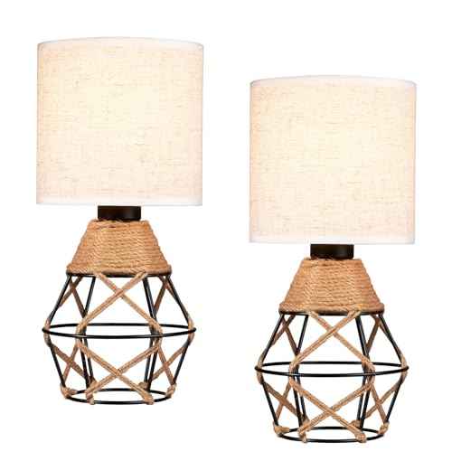Hamilyeah Woven Table Lamps Set of 2, Farmhouse Lamps for Nightstand with On/Off Switch, Bedside Lamps with Fabric Shade, Modern Simple Lamps for Bedroom, Living Room,Home Office
