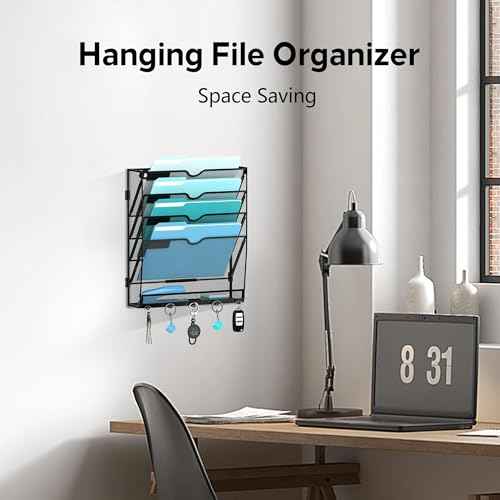 5 Tier Wall File Organizer - Hanging File Organizer with 5 Hooks, Mail Holder Wall Mounted for Papers, Folders, Magazines, Bills, Office&School Organization, Black