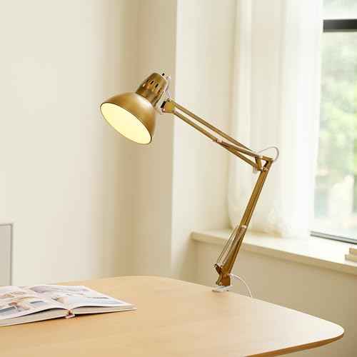 GLOBE Electric 62000010 32" Multi-Joint Desk Lamp with Metal Clamp, Matte Brass, White Accents, On/Off Rotary Switch on Shade, Partially Adjustable Swing Arm, Home D?cor, Office Accessory