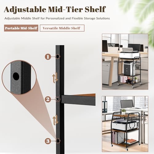 Printer Stand - Large 3 Tier Printer Table with Adjustable Storage Shelf - Rolling Cart with Wheels -Stable Desk for Home Office Use (Rustic Brown)