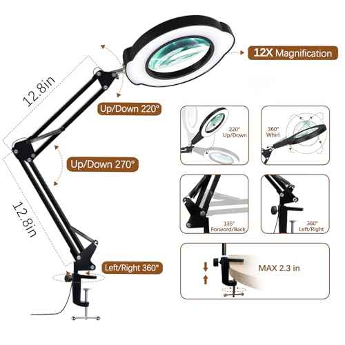 12X Magnifying Glass with Light and Clamp, Magnifier with Light Hands Free,84 LEDs Real Glass Lens Magnifying Lamp for Close Work, Repair, Reading, Craft (Black 2)