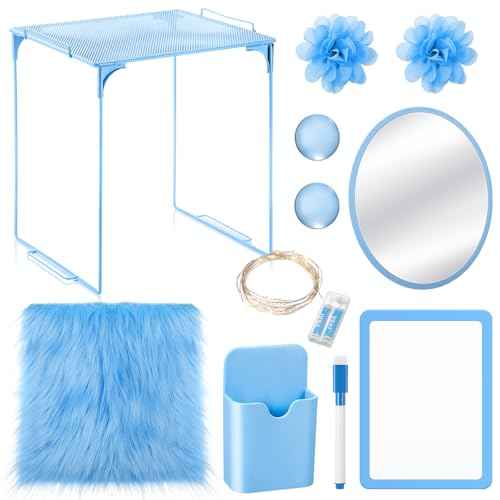 Patelai 12 Pcs Locker Accessories Kit Included Locker Shelf Magnetic Mirror Pen Holder Whiteboard Marker Faux Fur Rug Light String and Magnet for Back to School Essentials(Blue)