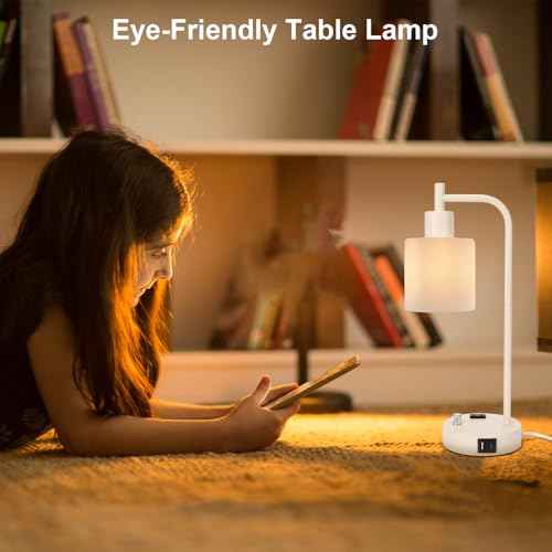 GLITI Industrial Table Lamp Desk Lamp, Stepless Dimmable Desk Lamp with 2 USB Ports and AC Power Outlet, Frosted GlassShade, Eye-Caring Bedside Nightstand Lamps for Bedroom Living Room (Apricot)