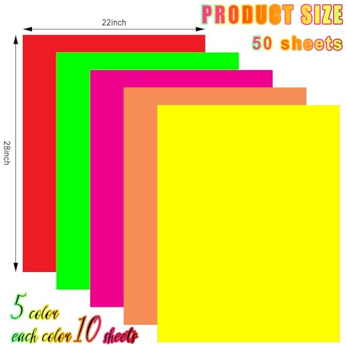 Tenceur 50 Pieces Neon Poster Board 22" x 28" Neon Construction Paper 250 Gsm/90 lb Cardstock Large Bright Fluorescent Poster Board for School Craft Project Presentation Drawing Graphic Display