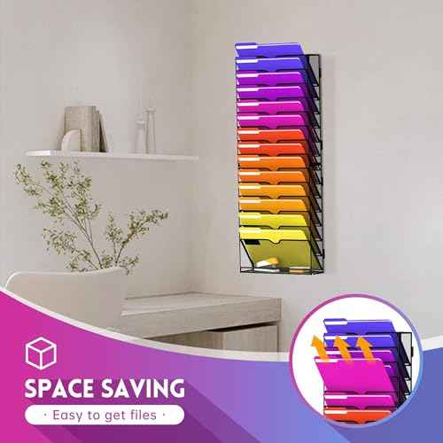 15-Tier Wall File Organizer, Hanging Wall File Holder for Papers, Folders, Magazines, Mesh Mail Holder Magazine Rack for Office Home Classroom, Black