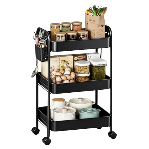 Heavy-Duty 3-Tier Metal Rolling Cart – ZXICEU Matte Black Utility Cart