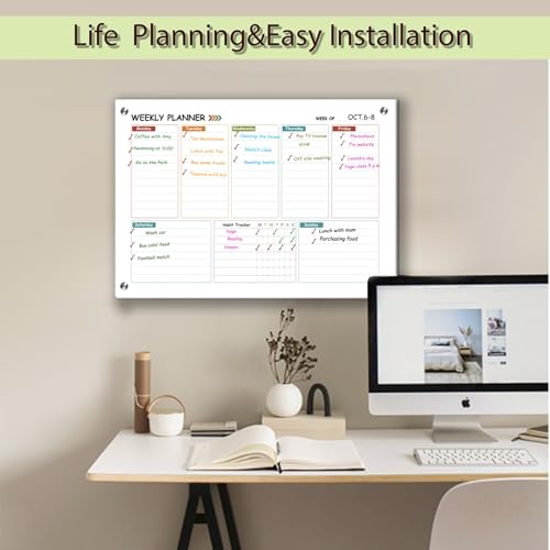 Glass Colorful Weekly Dry Erase Board for Wall,Weekly Planner Whiteboard for Wall 24"x18",Frameless Mounting,Medium Weekly Wall Calendar Dry Erase for Office/School/Home
