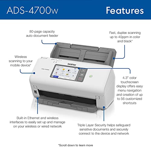 Brother ADS-4700W Professional Duplex Wireless Desktop Scanner with 4.3" Touchscreen - New Larger Display