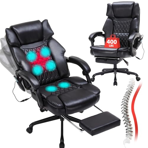 HESL Black Massage Office Chair with Foot Rest & Heat, 6-Point Vibration, Reclining Heavy Duty Ergonomic Chair, 400lbs Capacity