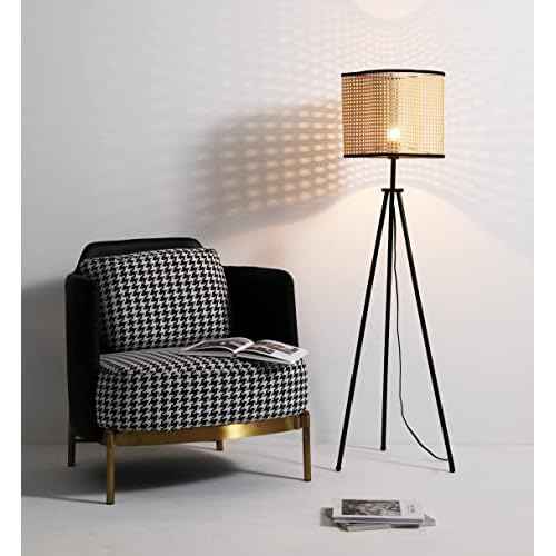 Gal - Mid Century Bohemian Tripod Floor with PVC Rattan Shade and Boho Velvet Rim for Bed Dining, Kitchen, Living Room, Beige