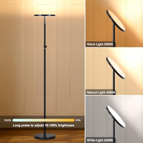 Floor Lamps for Living Room, 30W Super Bright LED Standing Lamp, Stepless Dimmable Tall Torchiere Lamp with Remote & Touch Control, Modern Floor Lamp for Bedroom & Office -Black