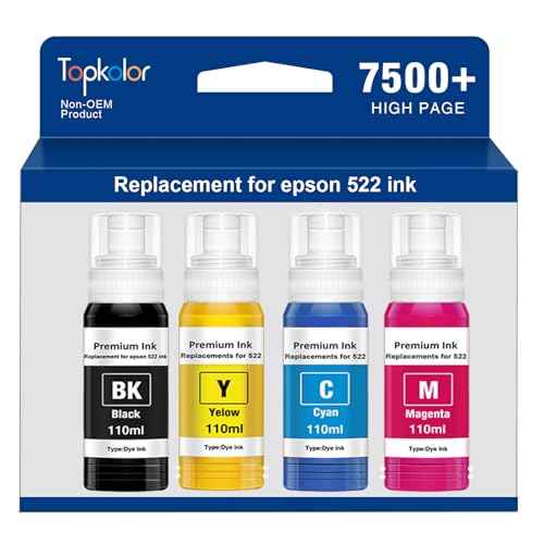 Replacement for Epson 522 Ink Refill Bottles for EcoTank ET-2720 ET-2800 ET-2803 ET-4800 ET-4700 ET-2710 High Capacity Replacement for T522 522 Ink Refill Bottles (4-Pack)
