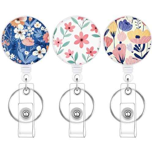 BESARME 3 Pack Badge Reels Retractable Badge Clip with Key Ring Retractable Badge Holders for Office Worker Teacher Nurse Student£¨Flower£©
