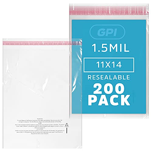 GPI 11x14 Inch Self Seal Poly Bags - Large 200 Pack, 1.5 Mil, Packaging