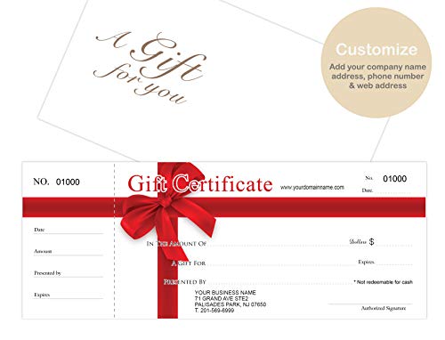 Custom Gift Certificates For Business - Red Ribbon, Include Your Store Name & Address with Free Envelopes
