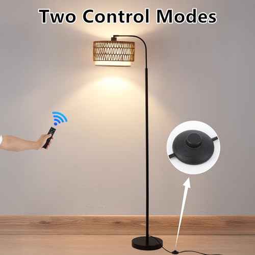 Arc Floor Lamp for Living Room£¬Boho Standing Lamp with Rattan & Fabric Shades,Farmhouse Floor Lamps with Foot Switch£¬Adjustable Tall Lamp for Bedroom, Office,LED Bulb Included