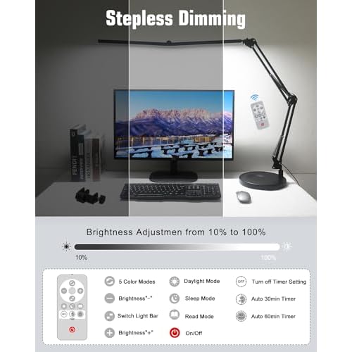 Toolour LED Desk Lamps for Home Office 2 in 1 Double Head Desk Lamp with Clamp Base,Remote Control,Dimmable Architect Clip on Desktop Computer Light Bar with Memory for Workbench Darkroom