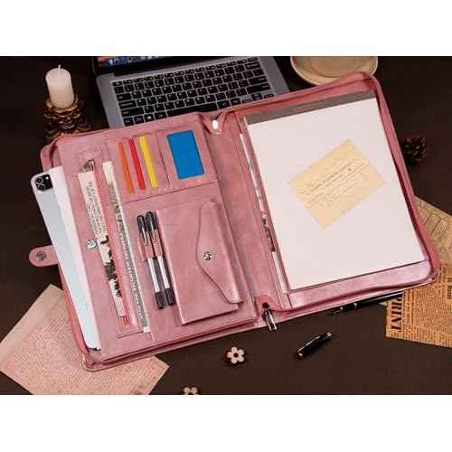 AZXCG Portfolio Binder, Pink Portfolio with Handle and Zipper,Leather Padfolio for Women,Professional Business Portfolio Organizer,A4 Notepad Holder, Gift for Girls and Women