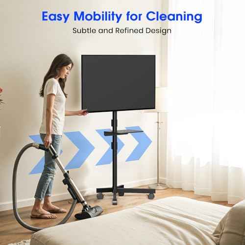 Mobile TV Stand for 23-60 Inch LCD LED OLED Flat Panel Curved Screen TVs up to 88 lbs, Tilt and Height Adjustable, Locking Rolling Wheels TV Cart with Shelf, Max VESA 400x400mm, Black