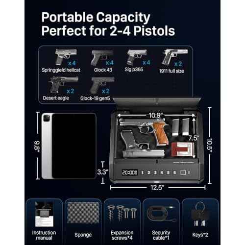 Large Biometric Gun Safe fits 4 pistols, 100 Sets of Fingerprint Handgun Safe with Internal Light & Silent Mode, Emergency Power Supply Gun Lock Box for Home Bedroom Bedside Nightstand and Car TOPMEDA