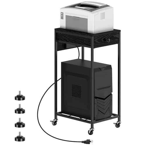 2 Tier Computer Tower Stand with Drawer, CPU Holder Stand with Charge Station and USB Charging Port, Printer Cart with Wheels for Home Office Fax, Black