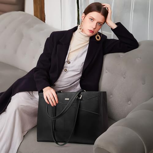 LOVEVOOK Black 15.6 Inch Waterproof Leather Laptop Tote Bag for Women Business & Office