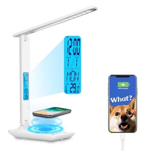 Multifunctional LED Desk Lamp with Wireless Charger,USB Charging Port,Clock,Phone Holder,Desk Lamps for Home Office,Eye-Caring Reading Lamp,Study Lamp for Boys,Girls,Teens,White