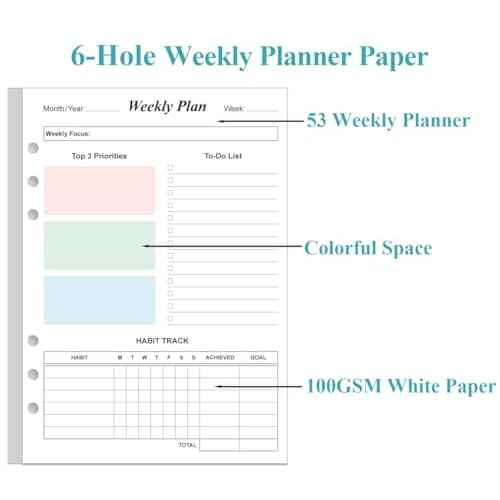 Weekly Planner Refills for A5 Binders - 53 Sheets/106 Pages Undated Colorful Weekly Planner, 6-Hole Punched, 100 gsm White Paper, Lasts 1 Year, Undated, 5.8" x 8.3"